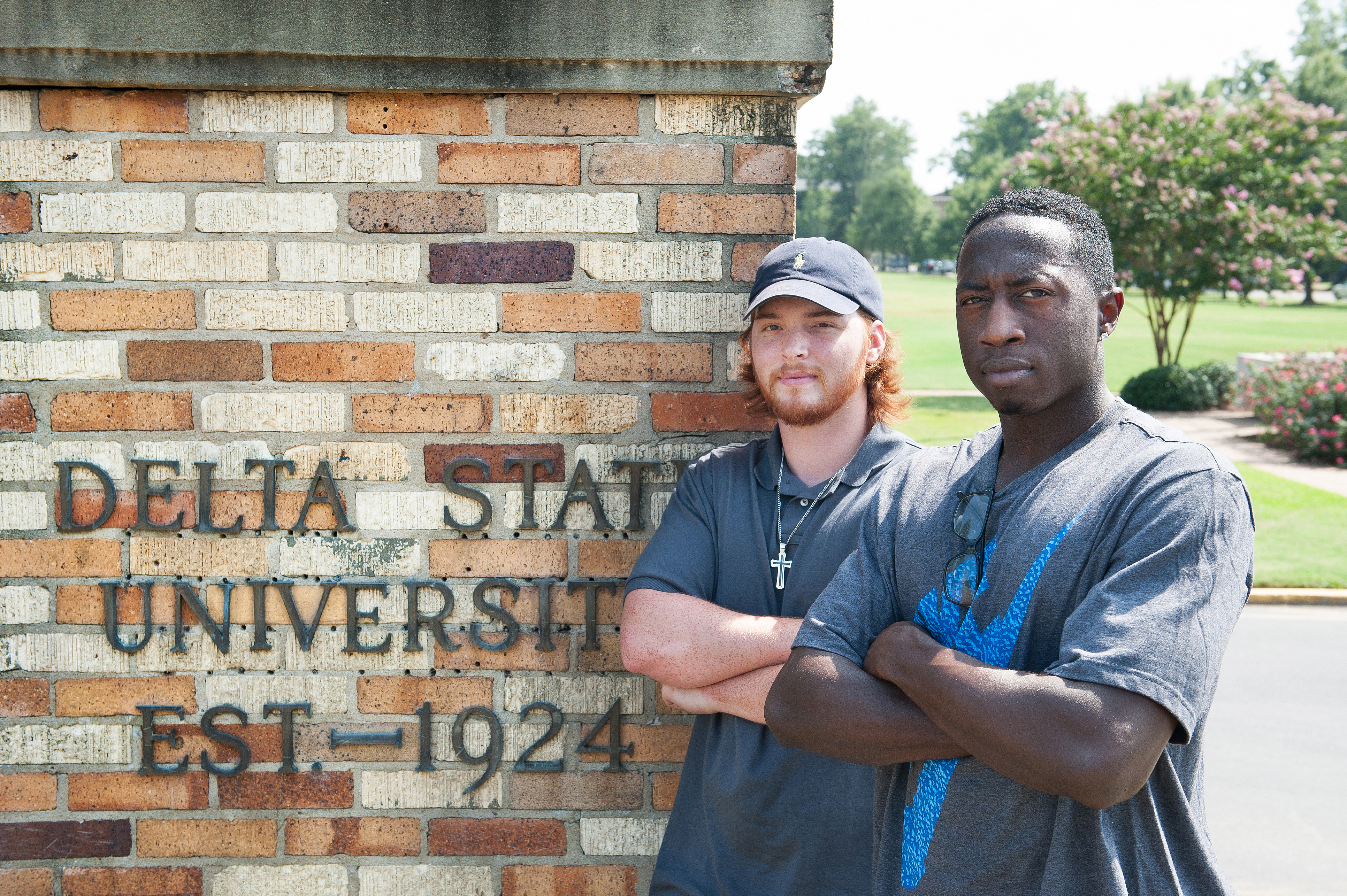 Kenton Bounds (left) and Broderick Lamb, two Puckett, Miss. childhood friends and incoming junior transfers, were thrilled to reconnect on Delta State's Move-In-Day earlier this month after losing touch for a number of years.